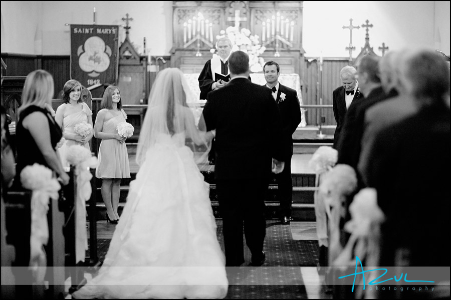 Groom waits for bride at St. Mary's Chapel near downtown Raleigh