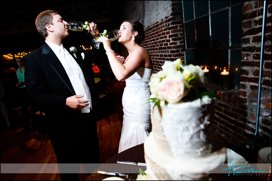 Photograph of wedding reception toasts in downtown Raleigh