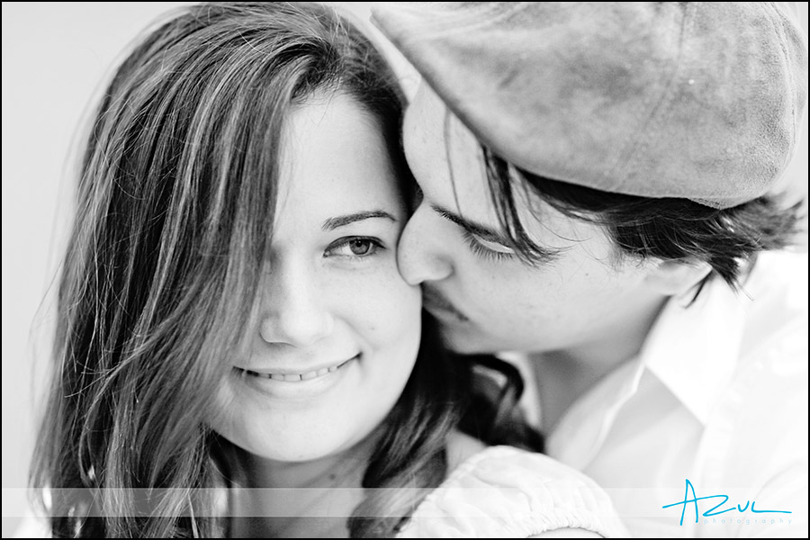 Kiss during the engagement photography session in Durham