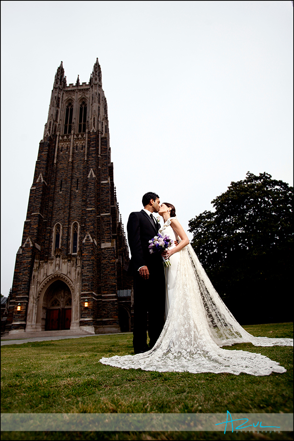 Creative wedding portrait after ceremony at Duke Chapel in Durham NC