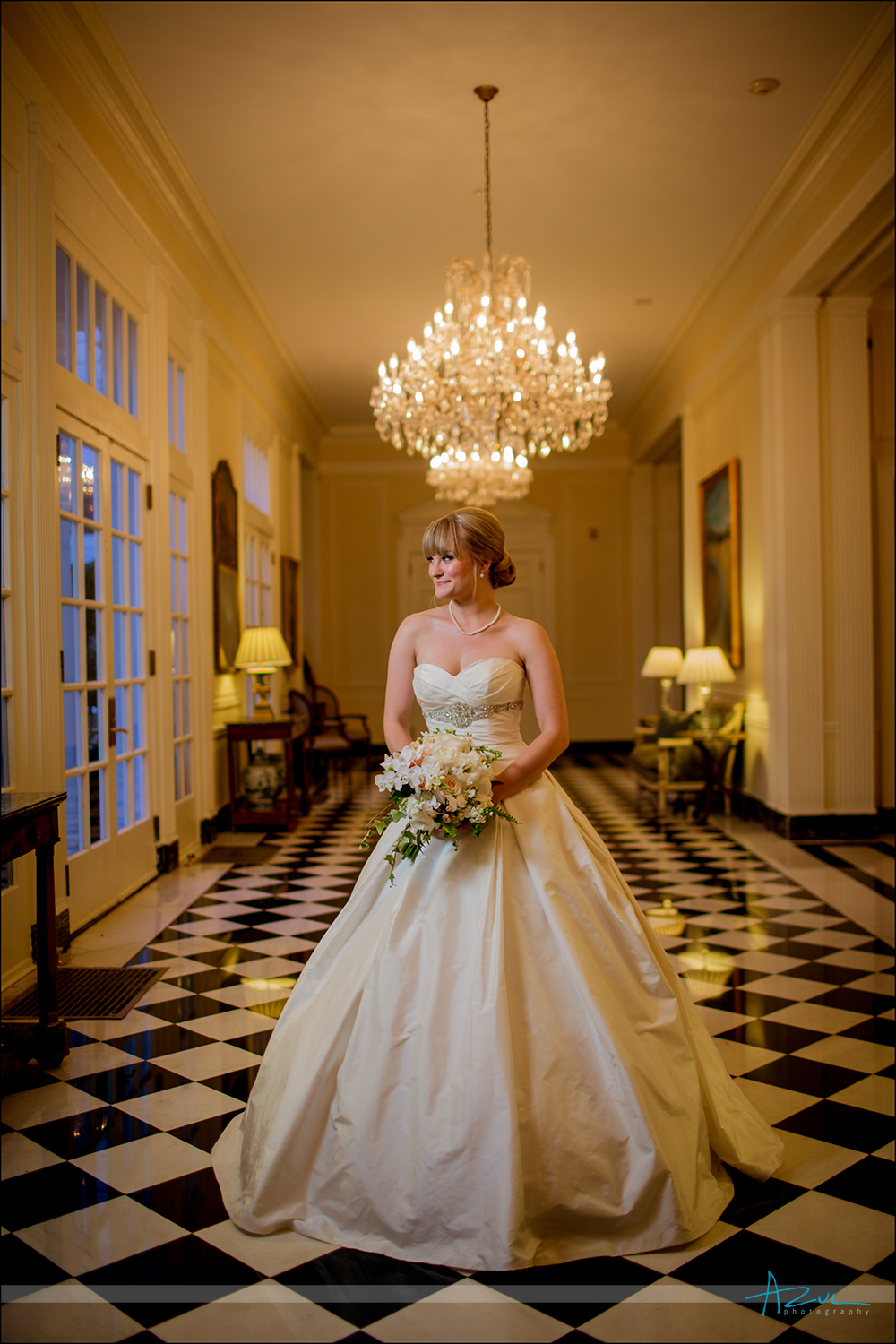 Checkered floorIndoor bridal portrait at Duke Mansion Charlotte NC