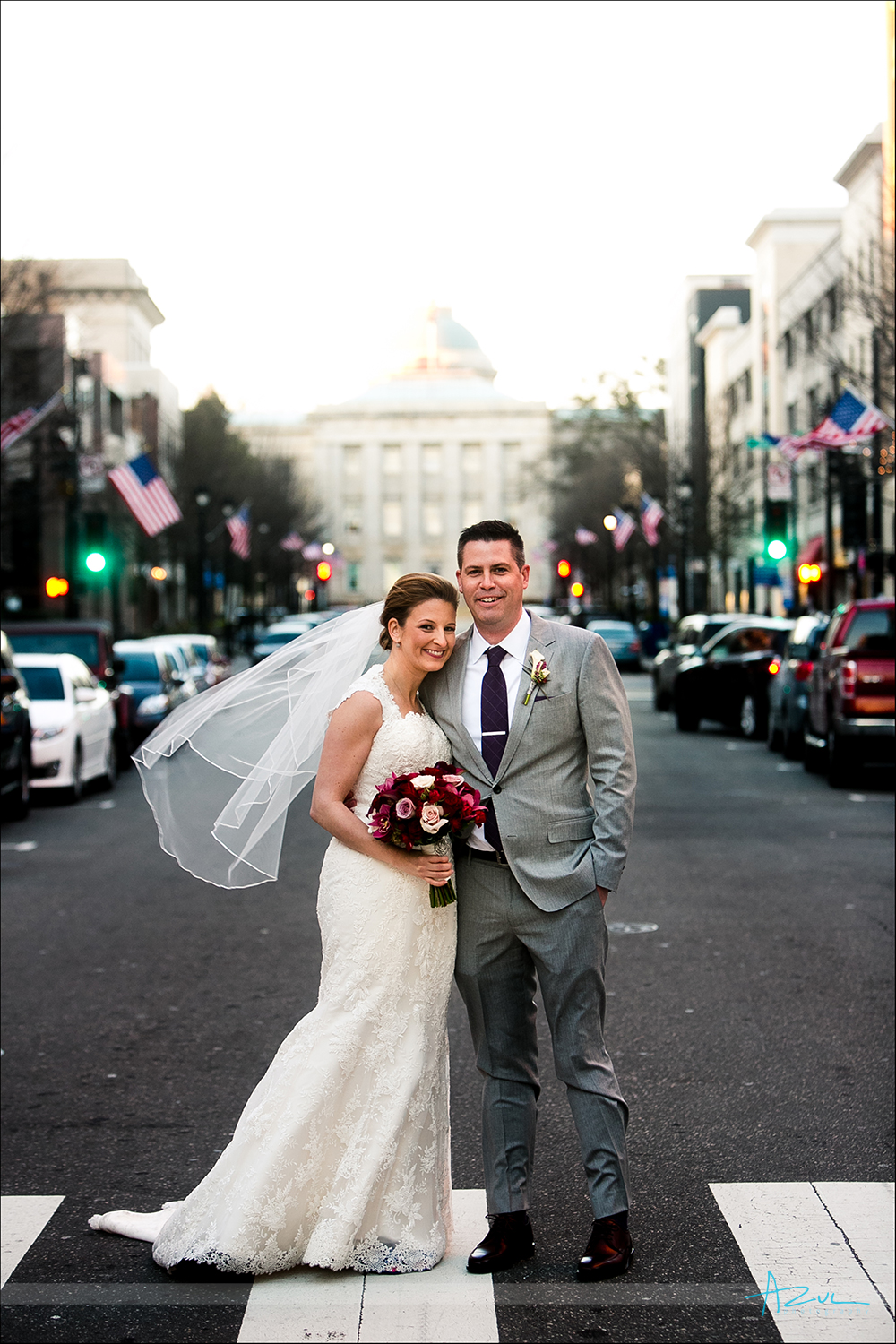 Wedding day B&G portrait photography on Fayetteville St in Raleigh, NC