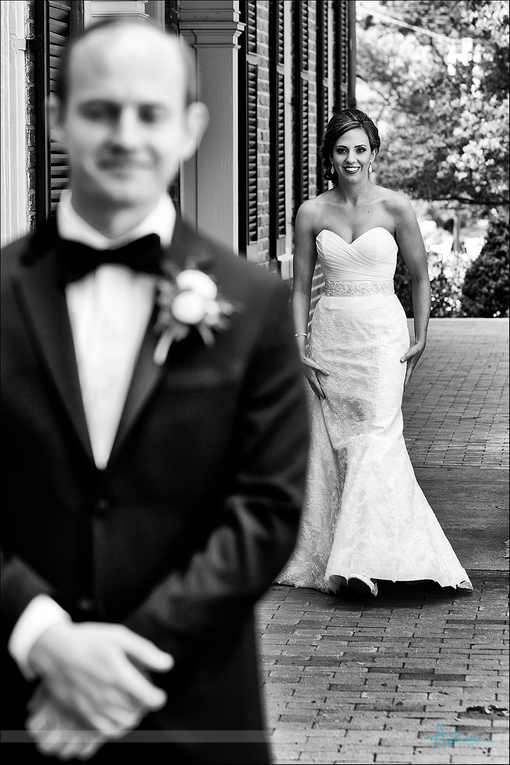 Photography of the bride and groom's first look while at The Carolina Inn in Chapel Hill NC
