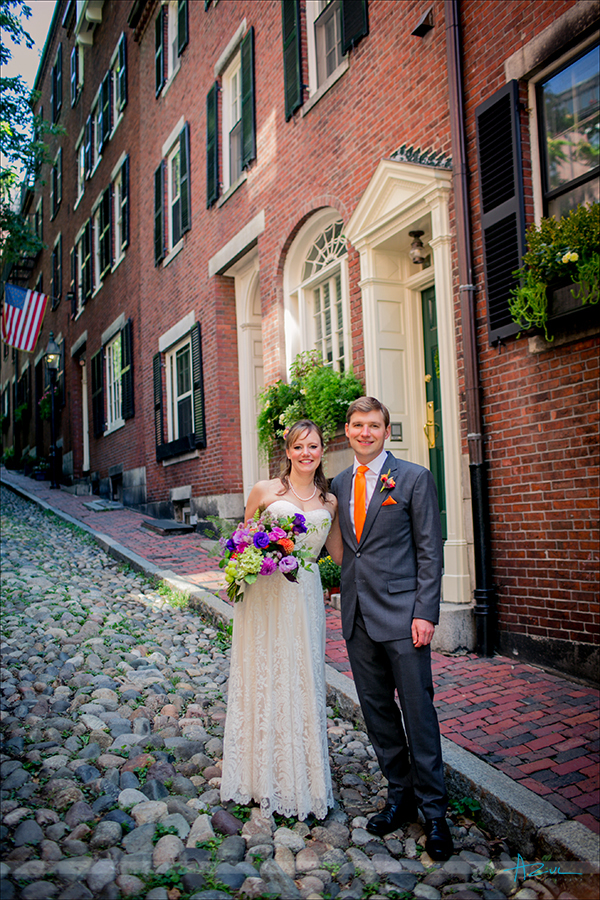 Famous wedding day portrait location in Boston is Acorn Street for B&G