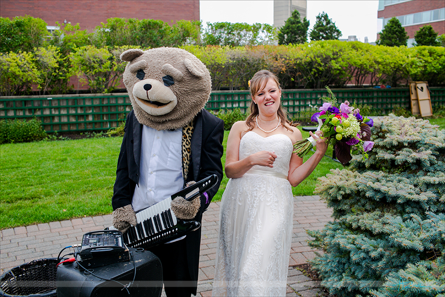Fun wedding day portrait with the bride and the musicians in Boston Keytar Bear