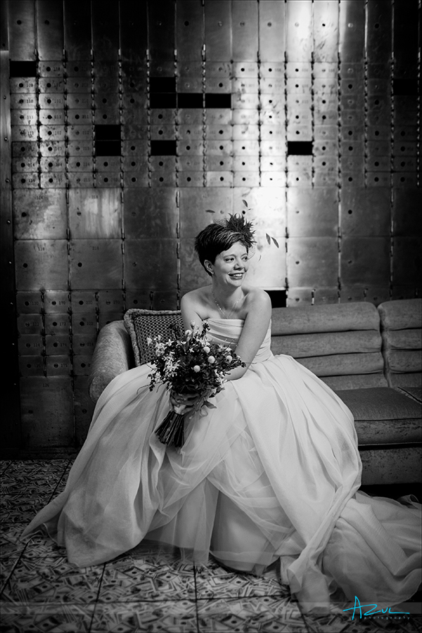 Wedding day bridal portrait inside the bank vault at 21C in Durham NC