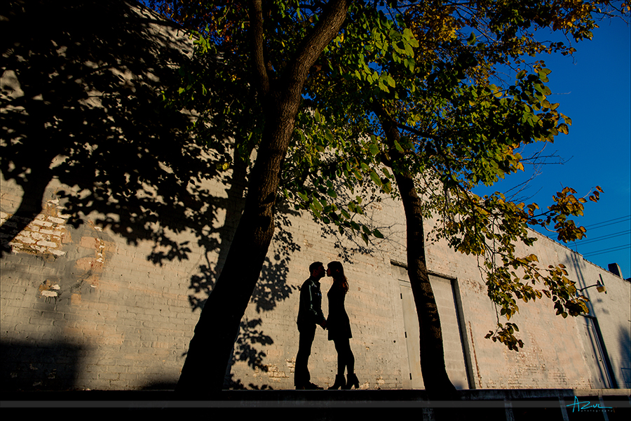 Raleigh wedding engagement portrait photographer shooting couple in downtown Raleigh, North Carolina