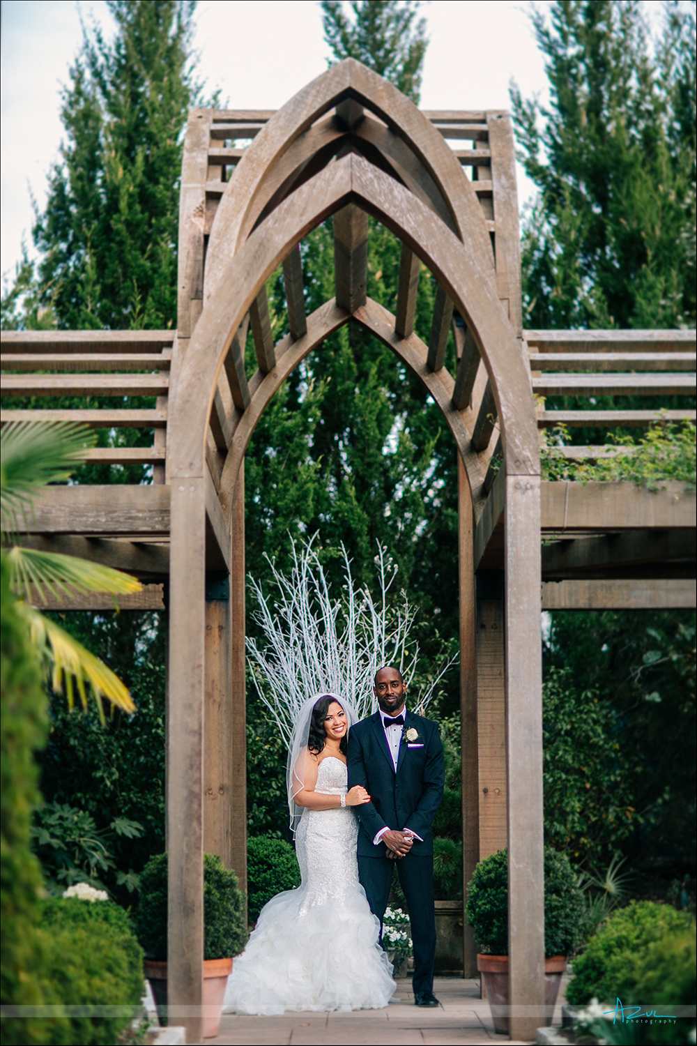 Best wedding day photography portrait of bride and groom at Duke Gardens in Durham NC