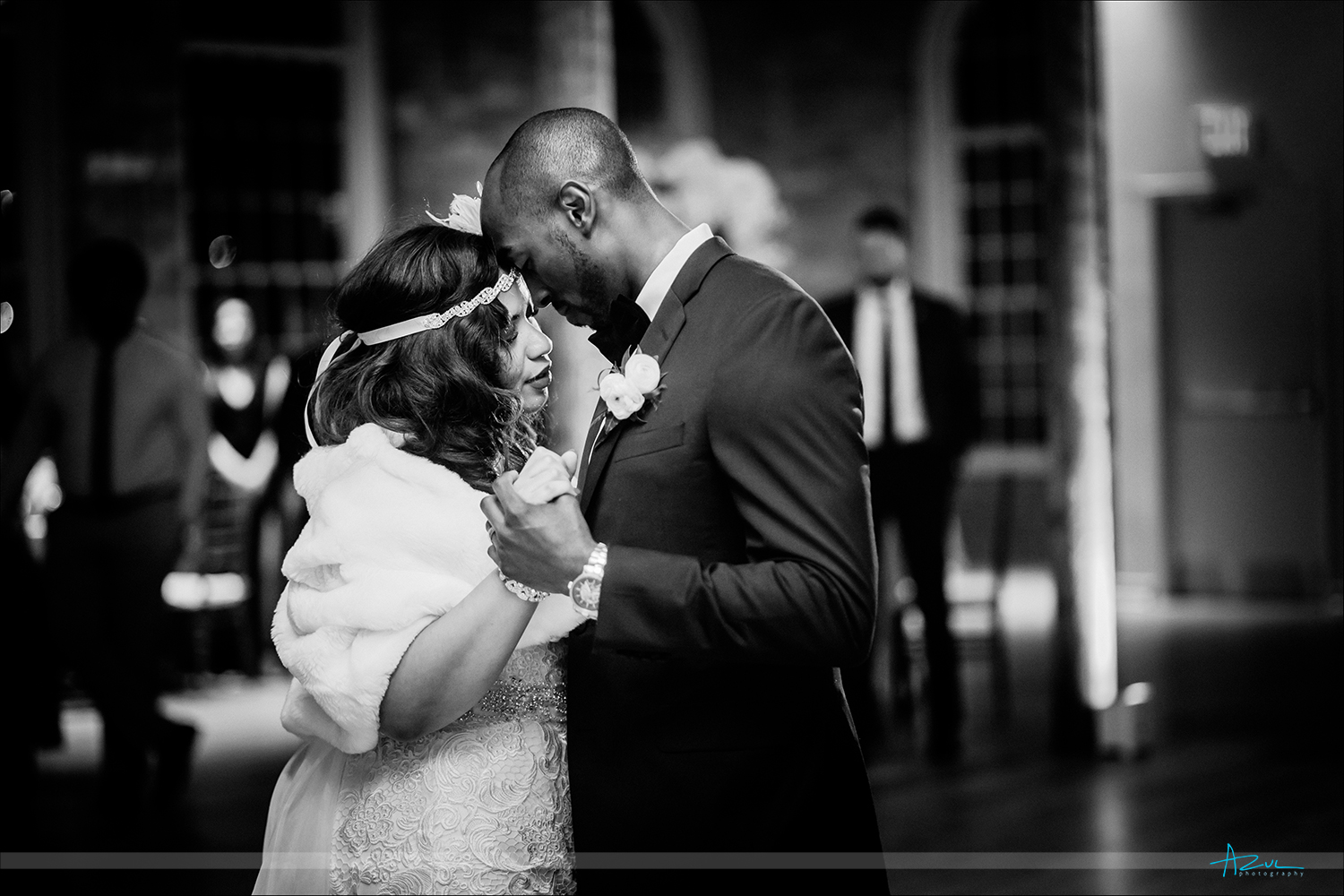 Beautiful moment between the bride and groom during their first dance at their wedding reception in Durham NC