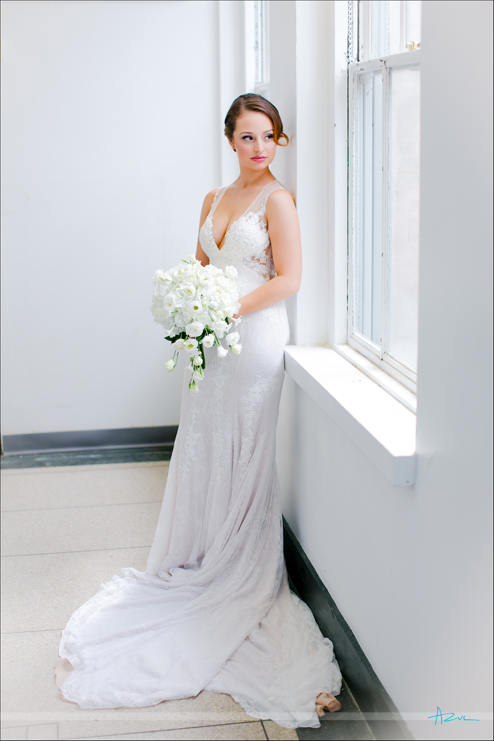Beautiful wedding day bridal portrait of Rose while at 21c Museum & Hotel in Durham NC