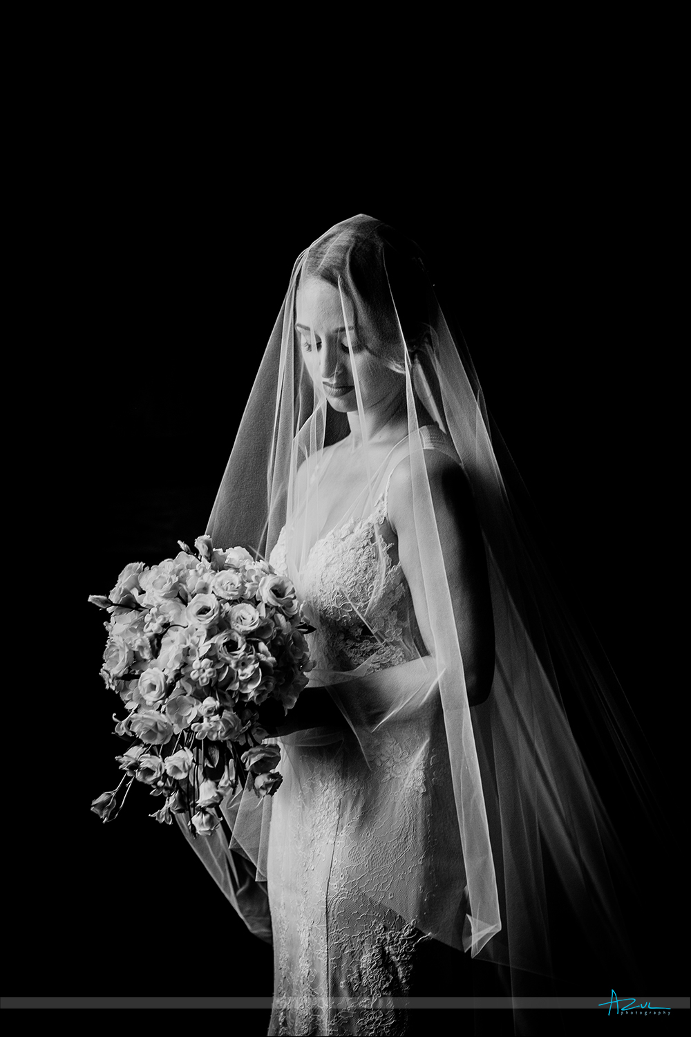 Classic black and white bridal portrait of the bride on the day of the wedding at 21c Museum & Hotel in Durham