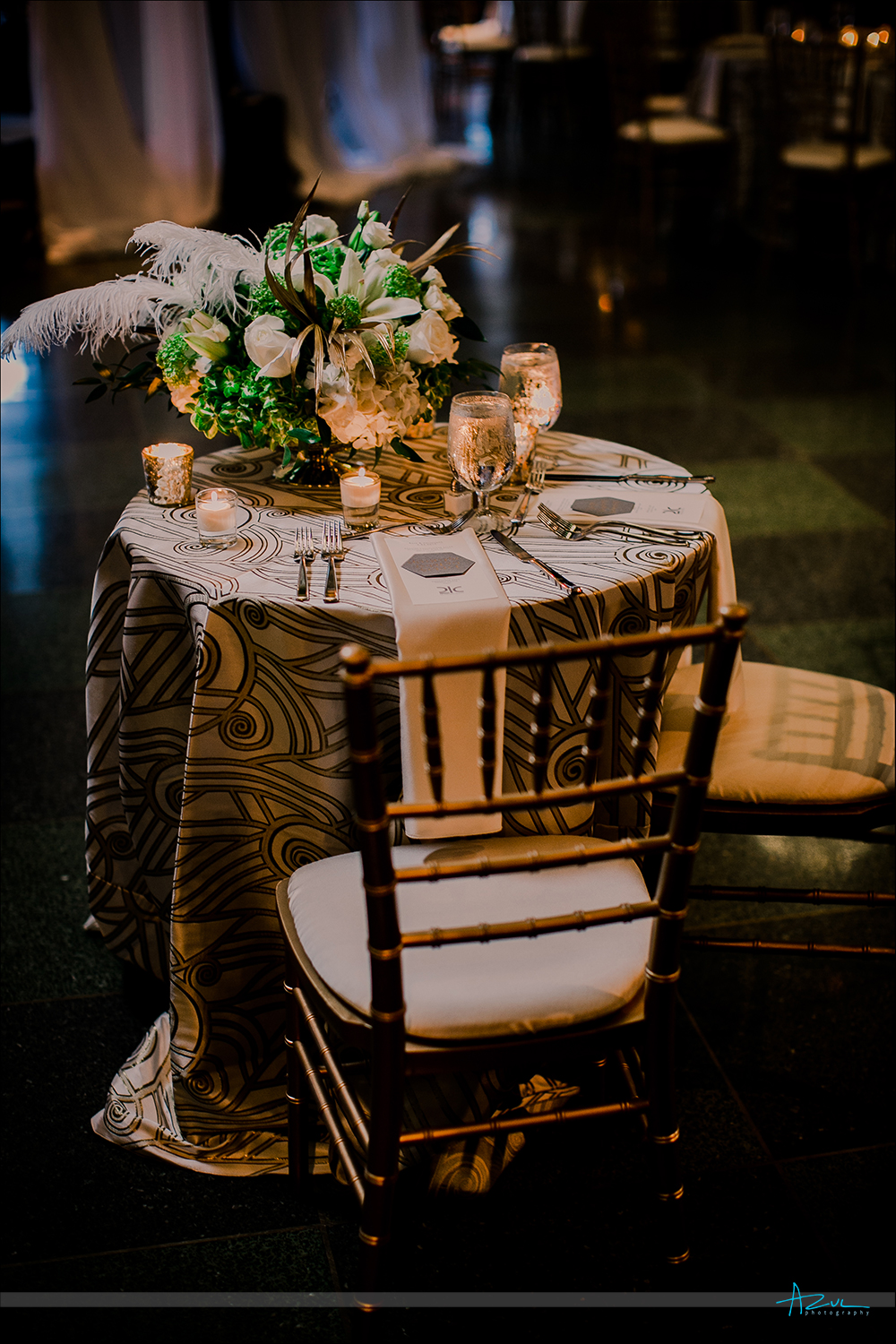 Wedding day sweetheart table for Rose and Christophe in Durham NC at 21c Museum & Hotel
