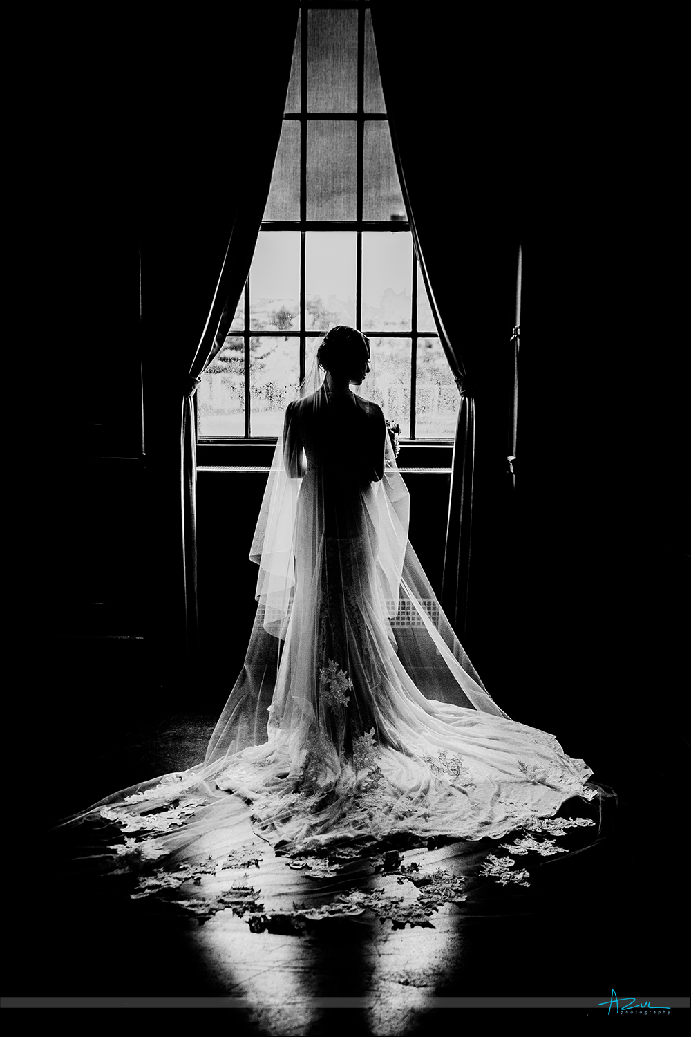 Amazing bridal portrait of the bride on her wedding day in B&W at 21c Museum & Hotel in Durham NC